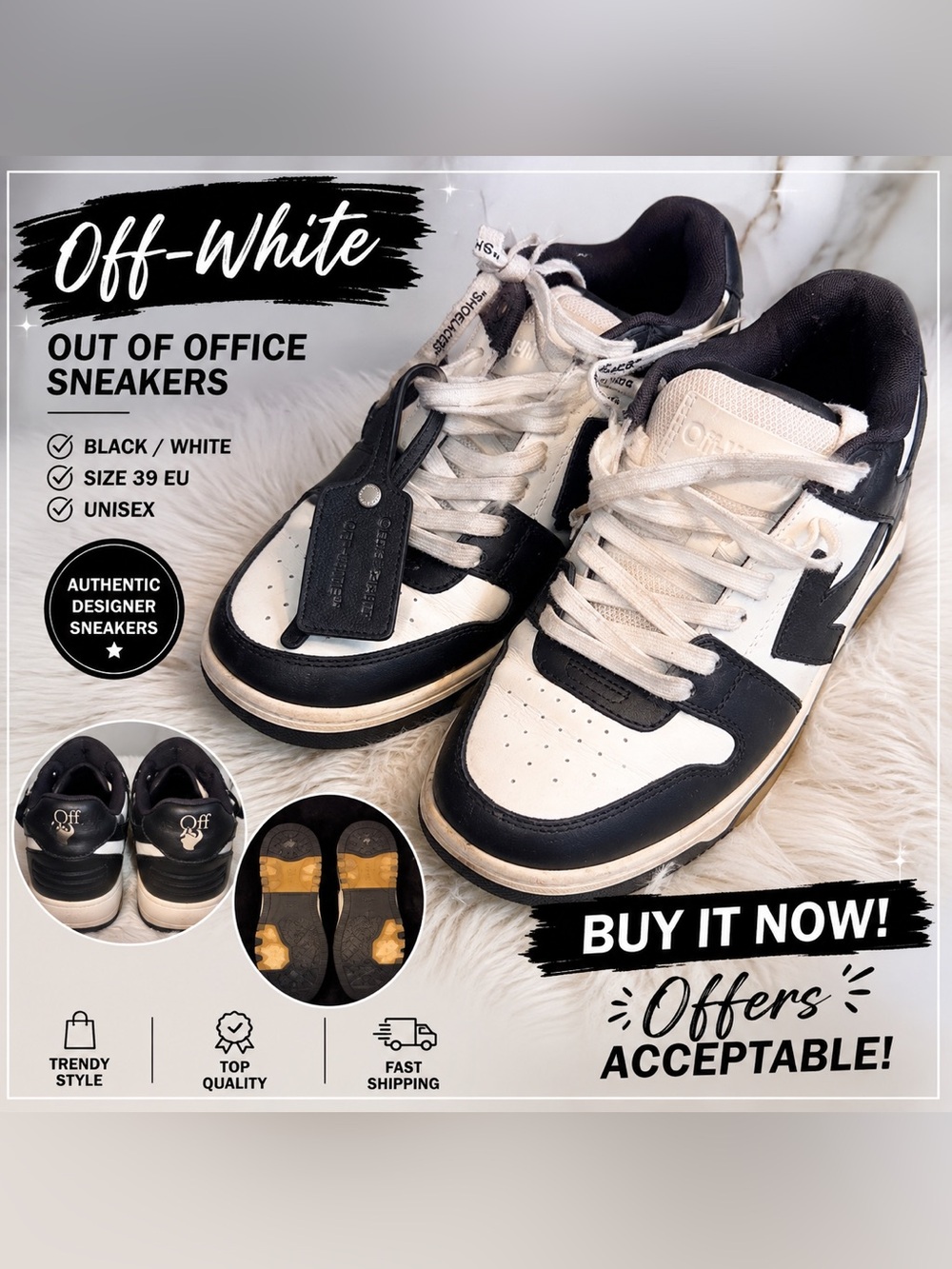 Off-White Out of Office OOO Black White Sneakers EU 39 US Men’s 6